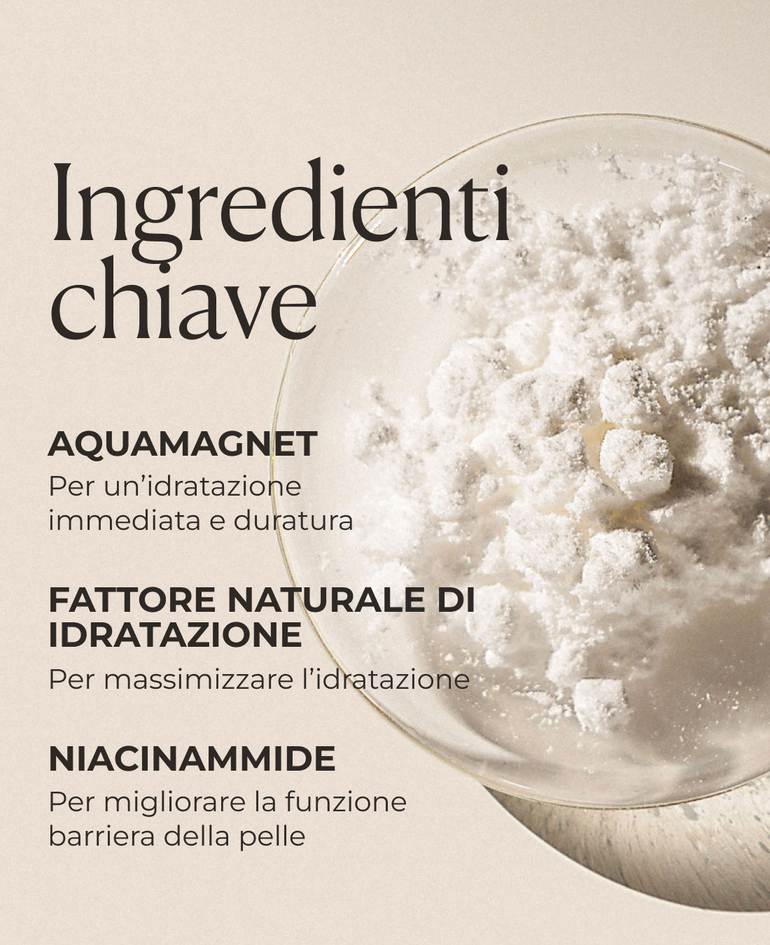 AquaMagnet Per un&rsquo;idratazione immediata e duratura  Fattore Naturale di Idratazione Per massimizzare l&rsquo;idratazione  Niacinammide Per migliorare la funzione barriera della pelle  HydroDerma Complex