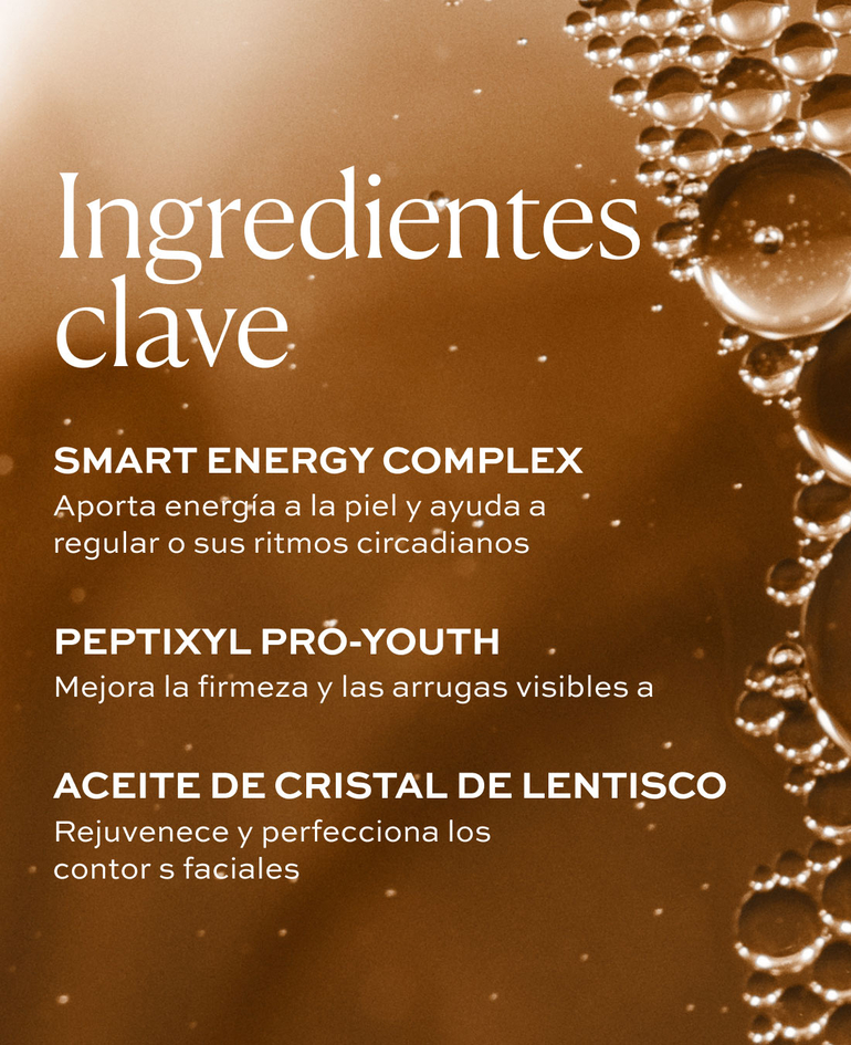 Smart Energy Complex Aporta energ&iacute;a a la piel y ayuda a regular sus ritmos circadianos  Peptixyl ProYouth Mejora la firmeza y las arrugas visibles  Aceite de cristal de lentisco Rejuvenece y perfecciona los contornos faciales