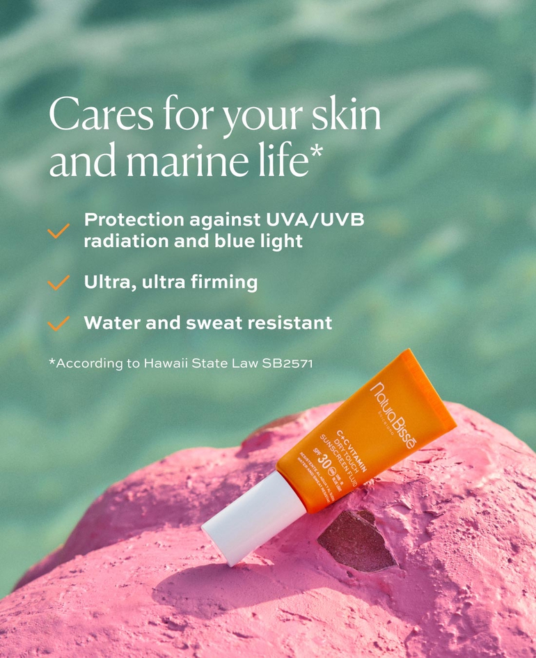 Cares for your skin and marine life* ✓ Protection against UVA/UVB radiation and blue light ✓ Ultra, ultra firming ✓ Water and sweat resistant  *According to Hawaii State Law SB2571.