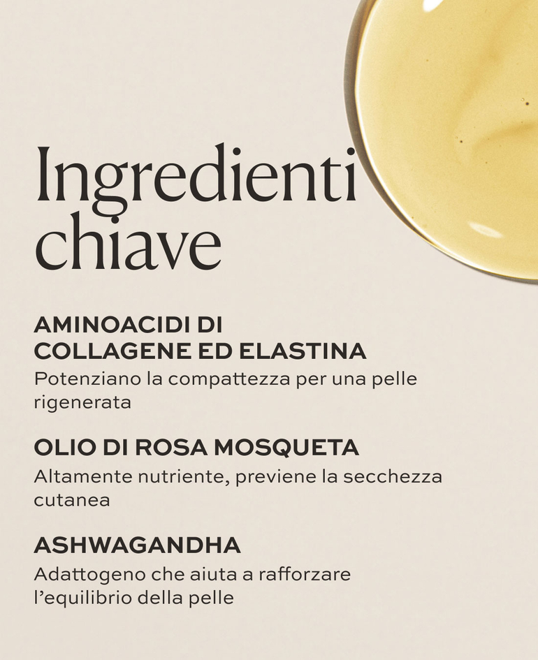 Aminoacidi di collagene ed elastina Potenziano la compattezza per una pelle rigenerata  Olio di rosa mosqueta Altamente nutriente, previene la secchezza cutanea  Isoflavoni del fiore di giglio