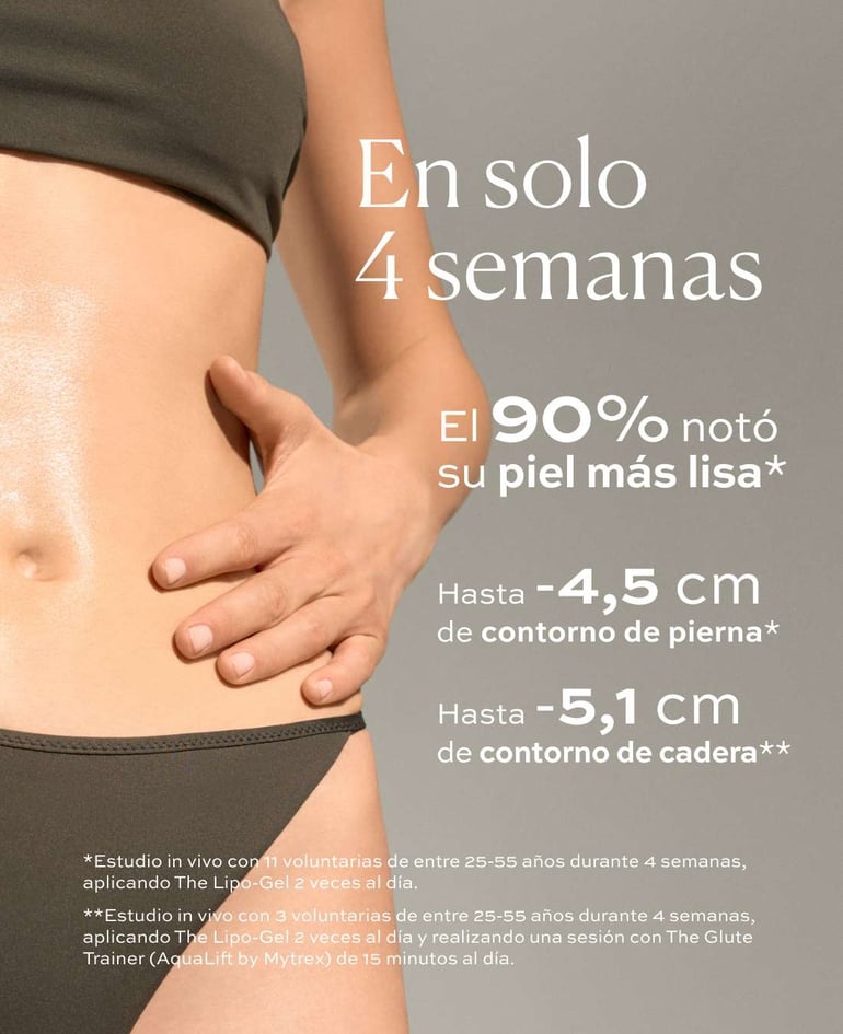 EN SOLO 4 SEMANAS   El 90% vio su piel más lisa* Hasta -4,5 cm de contorno de pierna*  Hasta -5,1 cm de contorno de cadera**