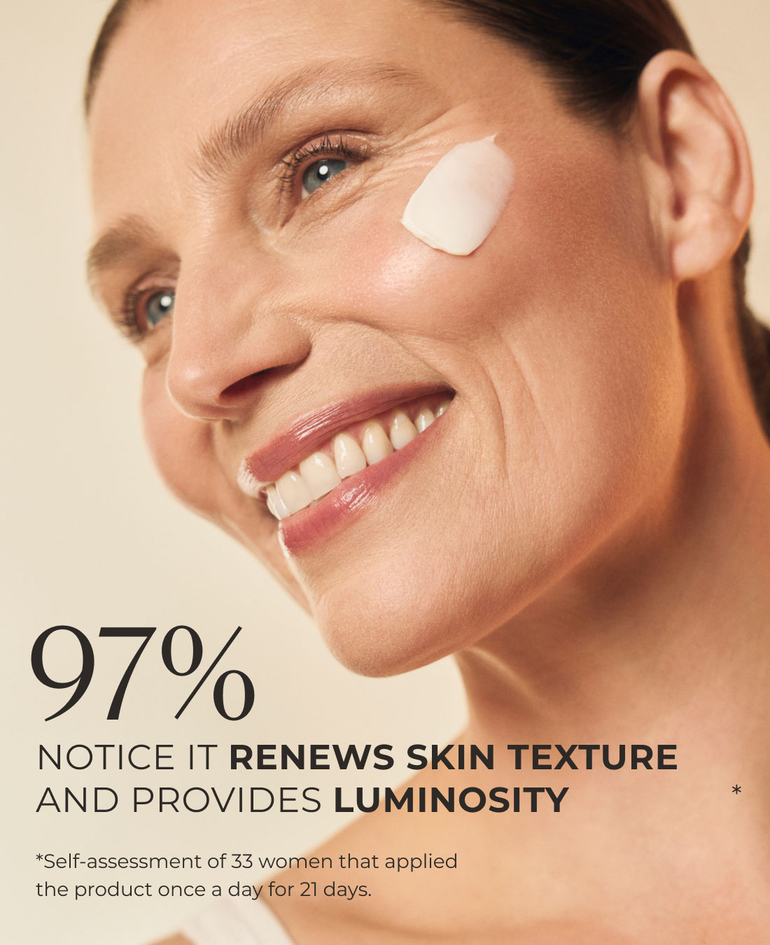 97% notice it renews skin texture and provides luminosity*  *Self-assessment of 33 women that applied the product once a day for 21 days.