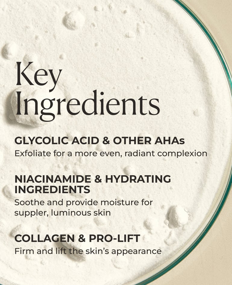Glycolic acid & other AHAs Exfoliate for a more even, radiant complexion  Niacinamide & hydrating ingredients Soothe and provide moisture for suppler, luminous skin  Collagen & Pro-Lift Firm and lift the skin's appearance