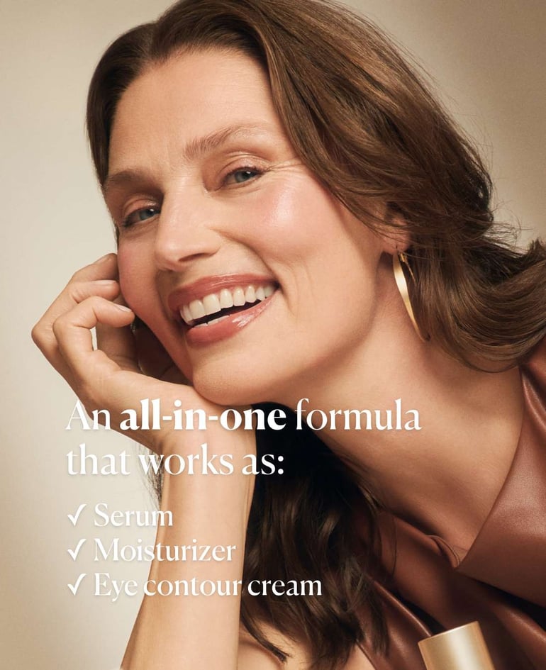An all-in-one formula that works as: ✓ Serum ✓ Moisturizer ✓ Eye contour cream