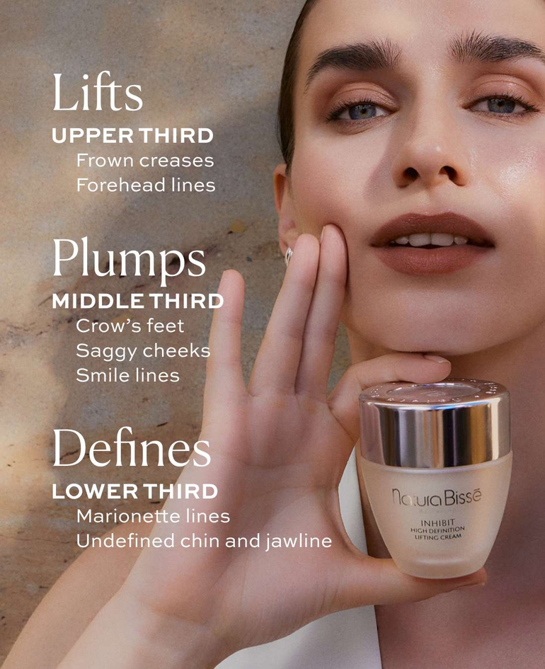 Addresses signs of aging in the three thirds of the face: UPPER THIRD: · Frown lines · Forehead lines MIDDLE THIRD: · Crow’s feet · Drooping cheeks LOWER THIRD: · Smile lines · Marionette lines · Undefined chin