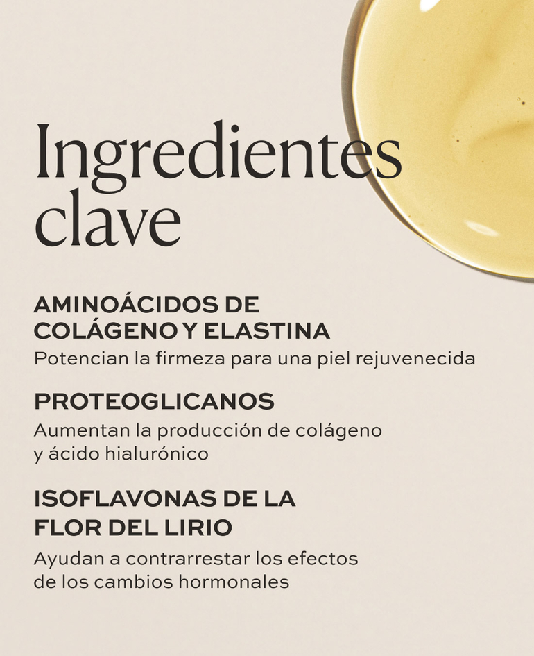 Aminoácidos de colágeno y elastina Potencian la firmeza para una piel rejuvenecida  Proteoglicanos Aumentan la producción de colágeno y ácido hialurónico  Isoflavonas de la flor del lirio