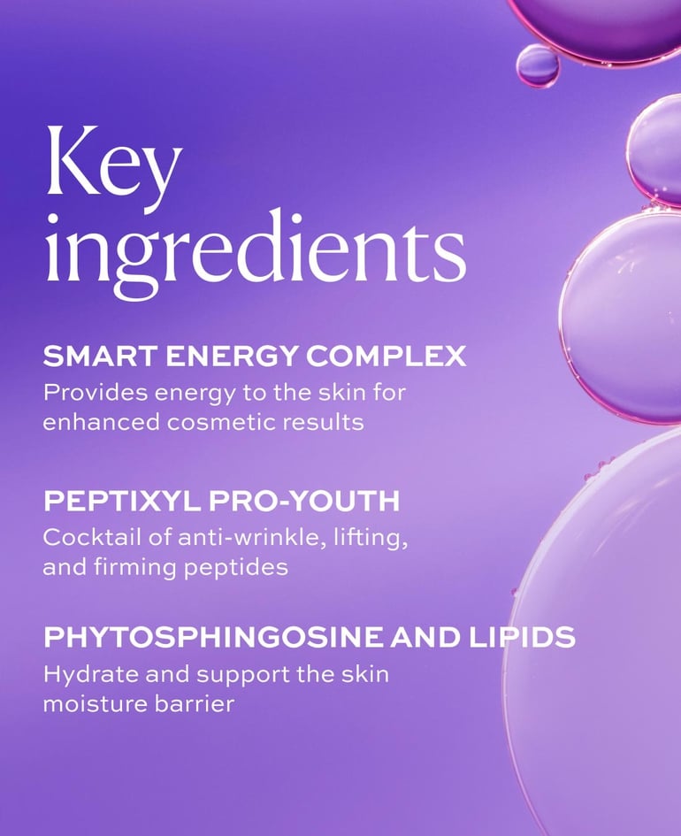 Key ingredients: Smart Energy Complex-Peptixyl ProYouth - Prebiotics and antioxidant ingredients - Phytosphingosine and lipids
