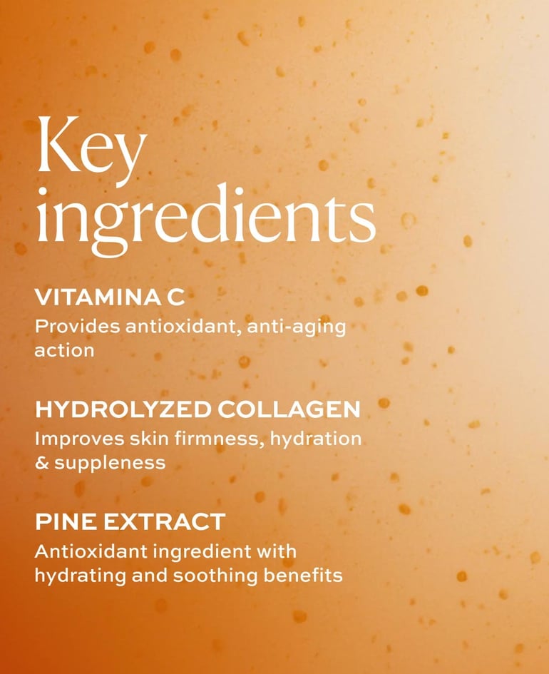 Vitamin C Provides antioxidant, anti-aging action  Hydrolyzed collagen Improves skin firmness, hydration & suppleness  Pine extract Antioxidant ingredient with hydrating and soothing benefits