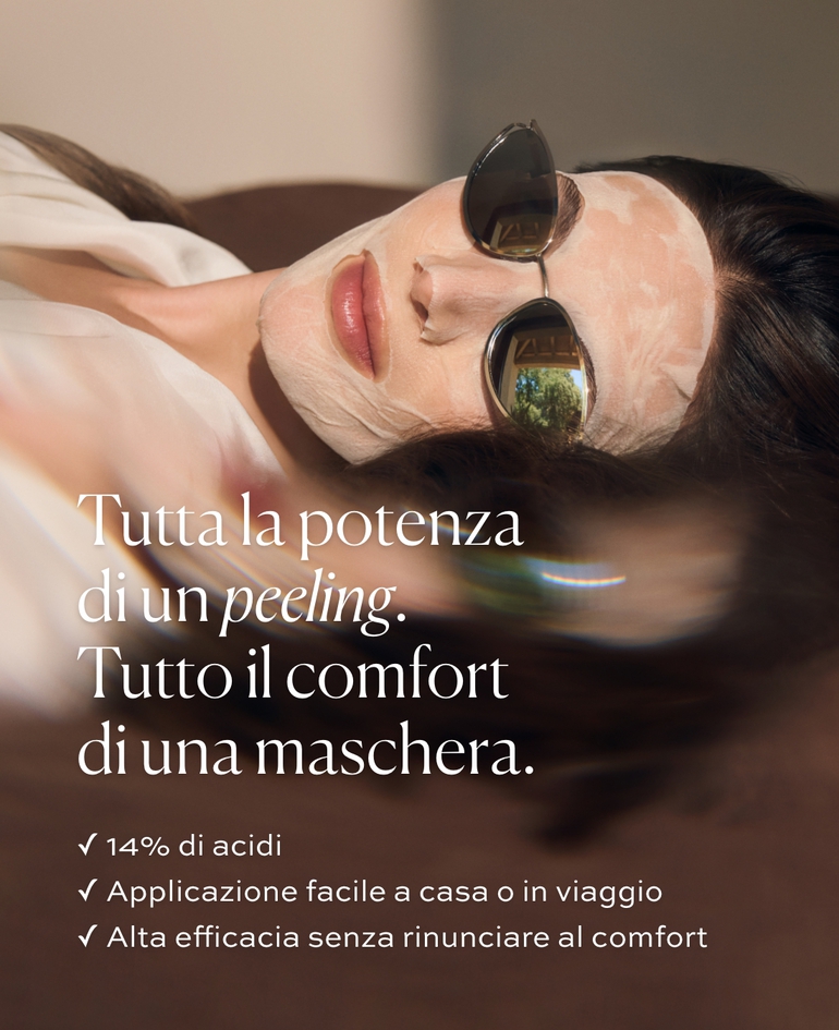 TUTTA LA POTENZA DI UN PEELING. TUTTO IL COMFORT DI UNA MASCHERA.  ✓ 14% di acidi ✓ Applicazione facile a casa o in viaggio ✓ Alta efficacia senza rinunciare al comfort