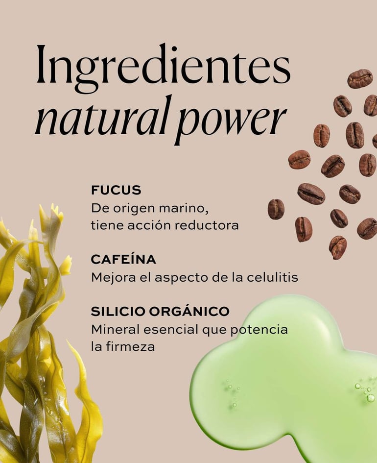 Ingredientes natural power  FUCUS De origen marino, tiene acción reductora  CAFEÍNA Mejora el aspecto de la celulitis   SILICIO ORGÁNICO Mineral esencial que potencia la firmeza