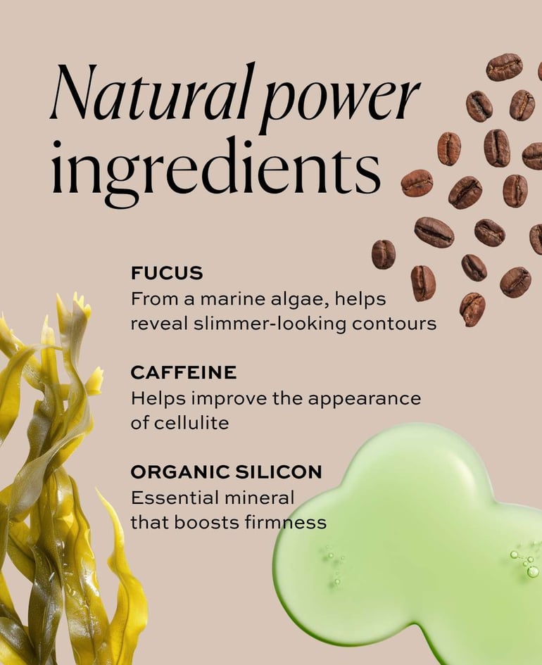 Natural power ingredients  FUCUS From a marine algae, helps reveal slimmer-looking contours  CAFFEINE Helps improve the appearance of cellulite  ORGANIC SILICON Essential mineral that boosts firmness
