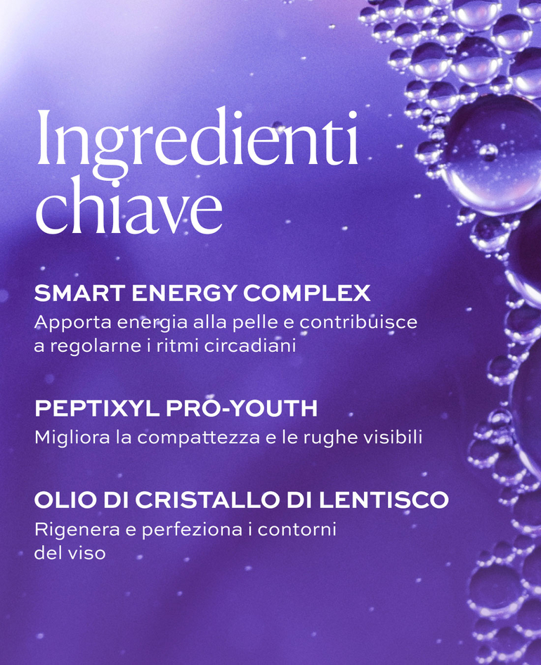 Smart Energy Complex Apporta energia alla pelle e contribuisce a regolarne i ritmi circadiani  Peptixyl ProYouth Migliora la compattezza e le rughe visibili  Olio di cristallo di lentisco Rigenera e perfeziona i contorni del viso