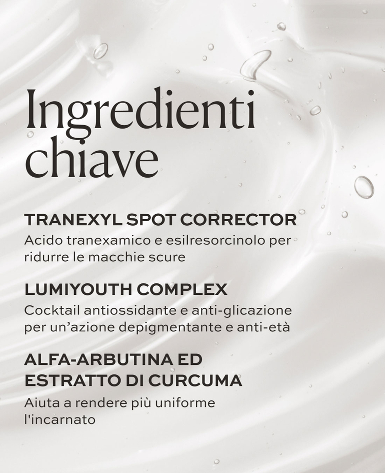 Tranexyl Spot Corrector Acido tranexamico e esilresorcinolo per ridurre le macchie scure  Lumiyouth Complex Cocktail antiossidante e anti-glicazione per un&rsquo;azione depigmentante e anti-et&agrave;  Alfa-arbutina ed estratto di curcuma