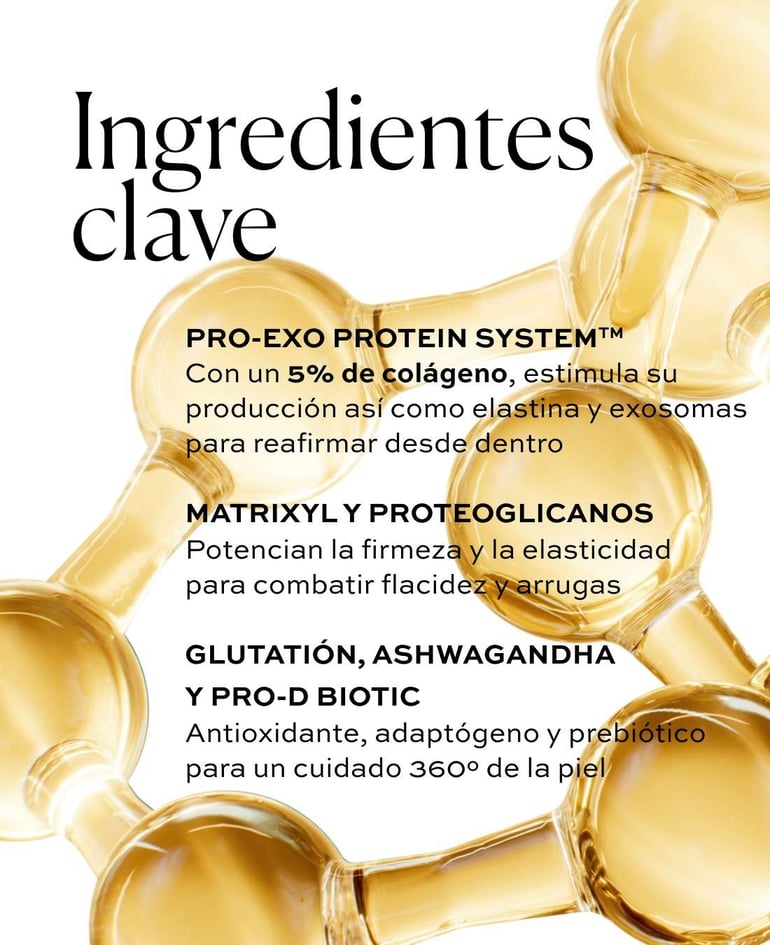 Pro-Exo Protein SystemTM Con un 5% de col&aacute;geno, estimula su producci&oacute;n as&iacute; como elastina y exosomas para reafirmar desde dentro  Matrixyl y proteoglicanos Potencian la firmeza y la elasticidad para combatir flacidez y arrugas  Glutati&oacute;n, ashwagandha y Pro-D Biotic