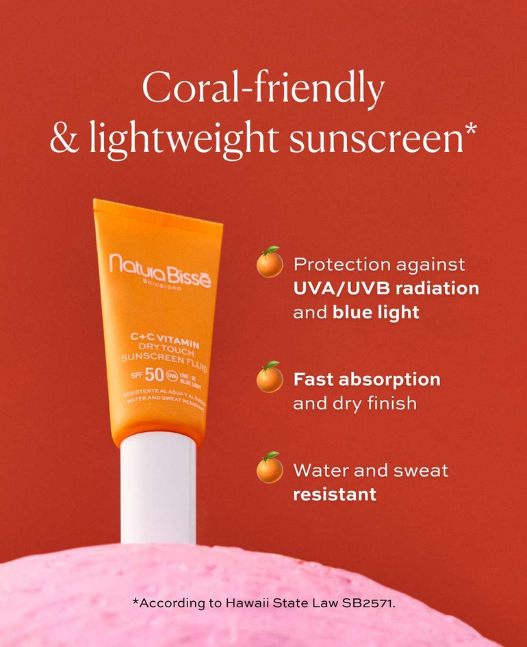 CORAL-FRIENDLY & LIGHTWEIGHT SUNSCREEN* ✓ Protection against UVA/UVB radiation and blue light ✓ Fast absorption and dry finish ✓ Water and sweat resistant  *According to Hawaii State Law SB2571.