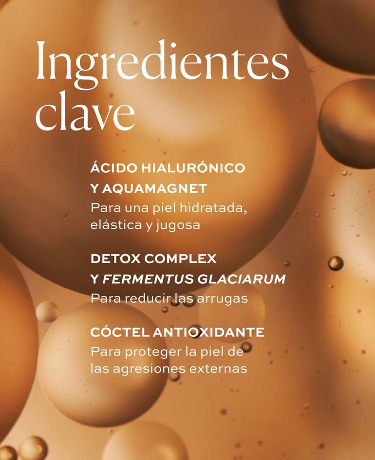 Hyaluronic acid and AquaMagnet Deeply moisturize the skin for a soft, plump appearance  Detox Complex and Fermentus Glaciarum Visibly reduce the appearance of fine lines & wrinkles  Antioxidant cocktail Make the skin feel more resilient and supple