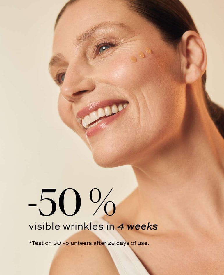 50% visible wrinkles in 4 weeks  *Test on 30 volunteers after 28 days of use.