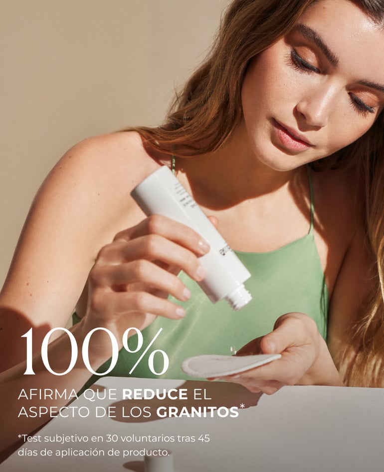 100% afirma que reduce el aspecto de los granitos*  *Test subjetivo en 30 voluntarios tras 45 días de aplicación de producto.