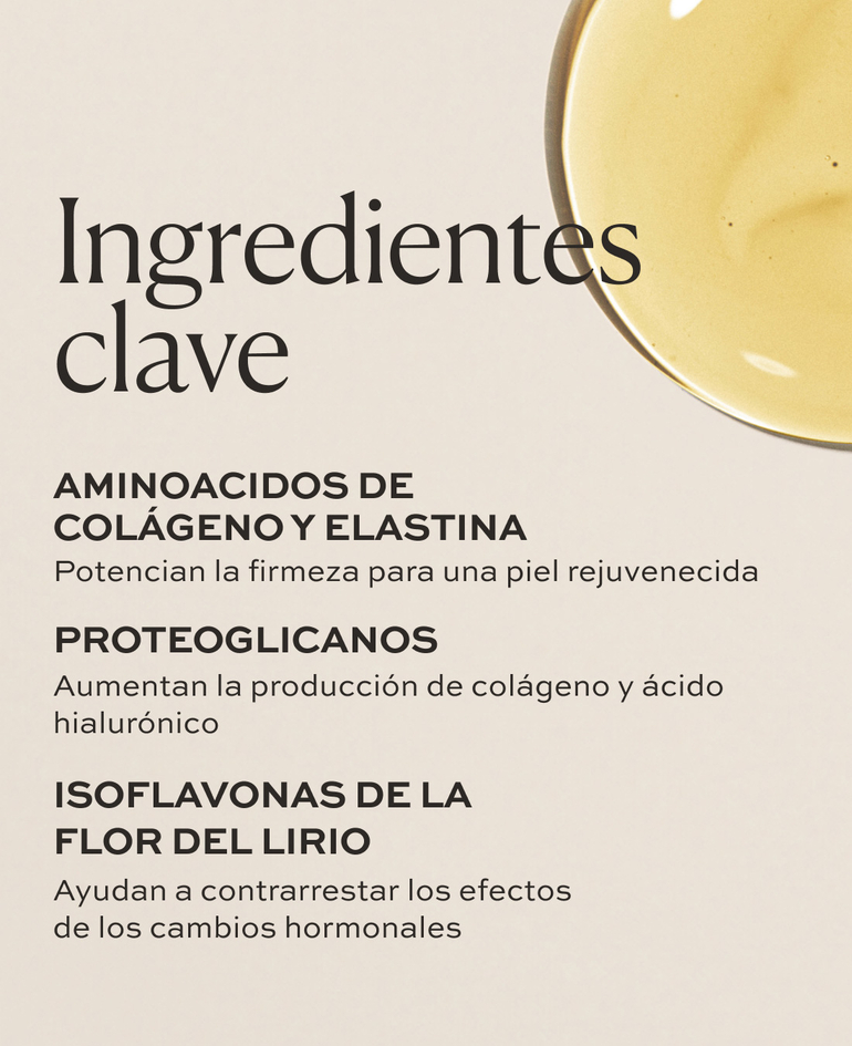 Aminoácidos de colágeno y elastina Potencian la firmeza para una piel rejuvenecida  Proteoglicanos Aumentan la producción de colágeno y ácido hialurónico  Isoflavonas de la flor del lirio