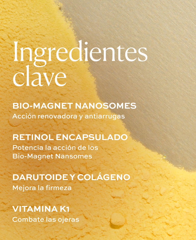 Ingredientes clave: Bio-Magnet Nanosomes Acción renovadora y antiarrugas  C-Niche Protector Peptide Reduce los signos de envejecimiento  Telomeryl Shield Mejora la flexibilidad   Progerin Reducer Complex Combate la falta de firmeza