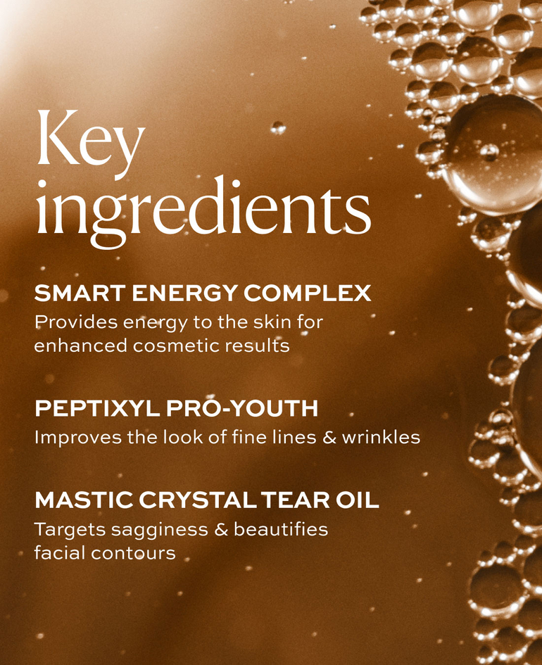 Smart Energy Complex Provides energy to the skin for enhanced cosmetic results  Peptixyl ProYouth Improves the look of fine lines & wrinkles  Mastic Crystal Tear Oil Targets sagginess & beautifies facial contours