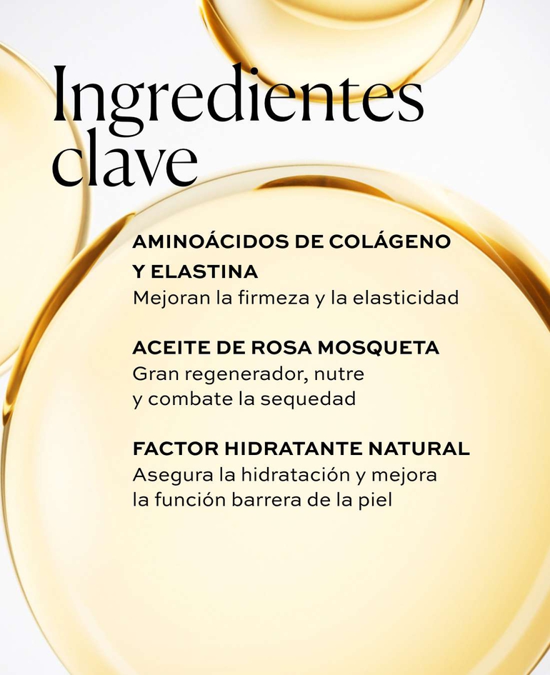 Amino&aacute;cidos de col&aacute;geno y elastina Mejoran la firmeza y la elasticidad  Aceite de rosa mosqueta Gran regenerador, nutre y combate la sequedad  Factor Hidratante Natural