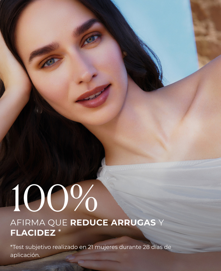 100% afirma que reduce arrugas y  flacidez 95% siente su piel más firme, flexible y elástica  *Test subjetivo realizado en 21 mujeres durante 28 días de aplicación.