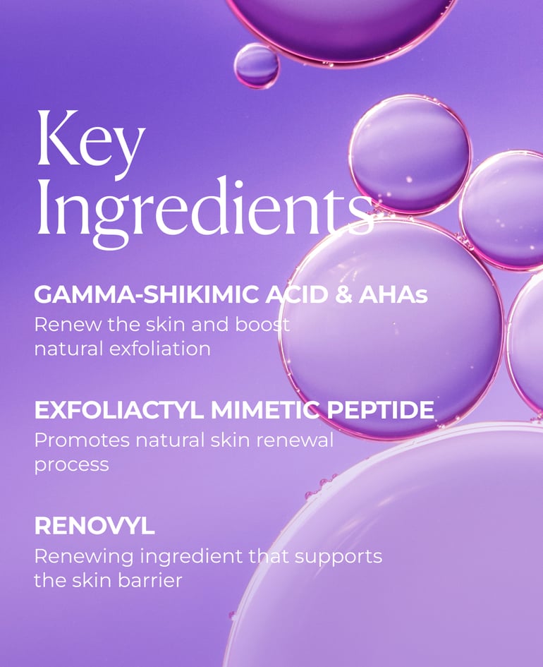 Gamma-shikimic acid & AHAs  Renew the skin and boost natural exfoliation  Exfoliactyl Mimetic Peptide  Promotes natural skin renewal process  Renovyl Renewing ingredient that supports the skin barrier  Pro-Lift Firms and helps smooth the skin's surface