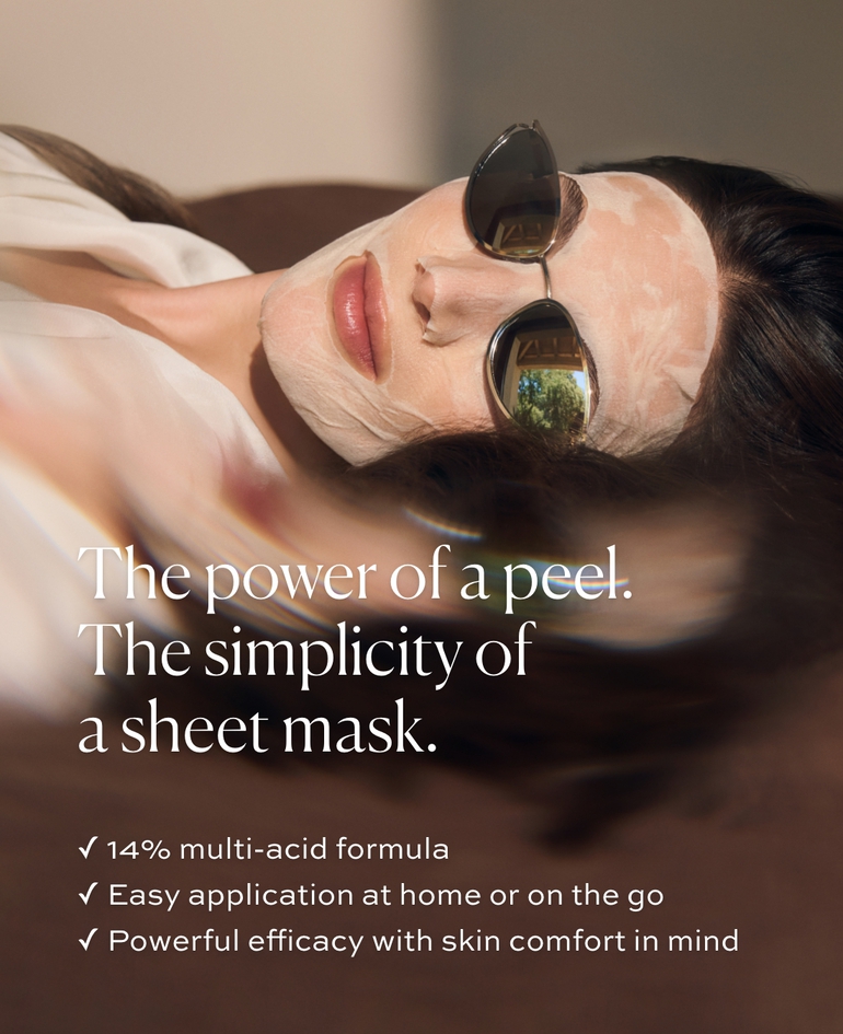 THE POWER OF A PEEL THE SIMPLICITY OF A SHEET MASK  ✓ 14% multi-acid formula ✓ Easy application at home or on the go ✓ Powerful efficacy with skin comfort in mind