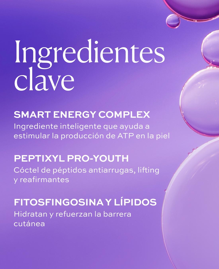 Ingredientes clave: Smart Energy Complex - Peptixyl ProYouth - Activos prebióticos y antioxidantes - Fitosfingosina y lípidos