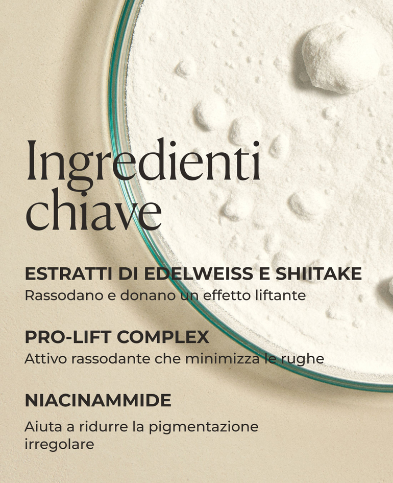 Estratti di edelweiss e shiitake Rassodano e donano un effetto liftante  Pro-Lift Complex Attivo rassodante che minimizza le rughe  Niacinammide