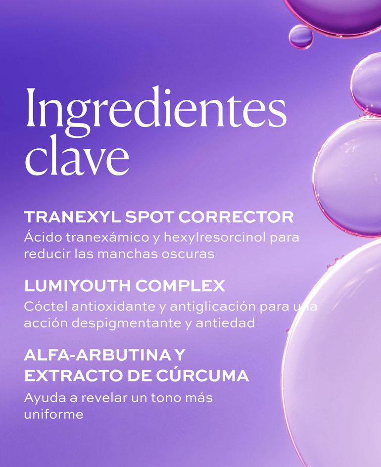Tranexyl Spot Corrector Ácido tranexámico y hexylresorcinol para reducir las manchas oscuras  Lumiyouth Complex Cóctel antioxidante y antiglicación para una acción despigmentante y antiedad  Alfa-arbutina y extracto de cúrcuma