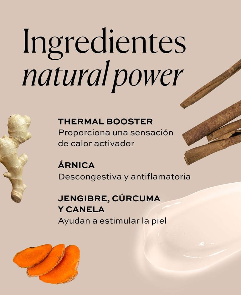 Ingredientes clave  THERMAL BOOSTER Proporciona una sensación de calor activador  ÁRNICA Descongestiva y antiflamatoria  JENGIBRE, CÚRCUMA Y CANELA Ayudan a estimular la piel