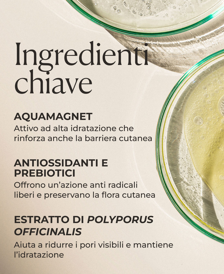 AquaMagnet Attivo ad alta idratazione che rinforza anche la barriera cutanea   Antiossidanti e prebiotici Offrono un&rsquo;azione anti radicali liberi e preservano la flora cutanea  Estratto di Polyporus officinalis
