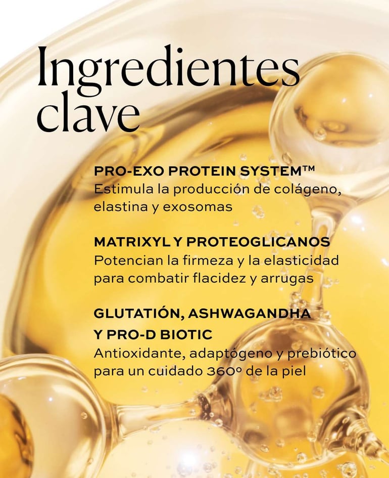 Pro-Exo Protein SystemTM Estimula la producci&oacute;n de colageno, elastina y exosomas  Matrixyl y proteoglicanos Potencian la firmeza y la elasticidad para combatir flacidez y arrugas  Glutati&oacute;n, ashwagandha y Pro-D Biotic