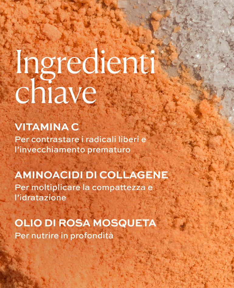 Vitamina C Per contrastare i radicali liberi e l&rsquo;invecchiamento prematuro  Aminoacidi di collagene Per moltiplicare la compattezza e l&rsquo;idratazione  Olio di rosa mosqueta Per nutrire in profondit&agrave;