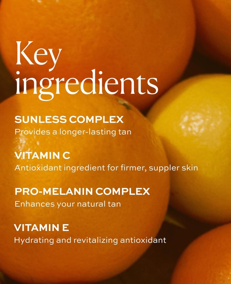 Sunless Complex Provides a longer-lasting tan  Vitamin C Antioxidant ingredient for firmer, suppler skin  Pro-Melanin Complex Enhances your natural tan  Vitamin E Hydrating and revitalizing antioxidant