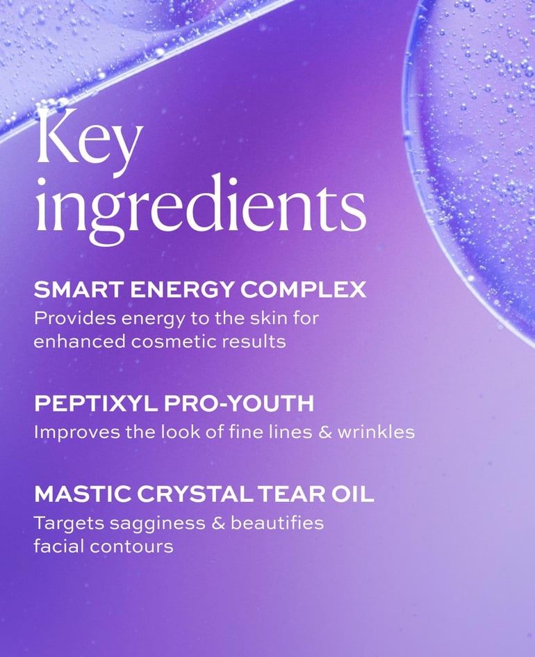 Key ingredients  Smart Energy Complex Provides energy to the skin for enhanced cosmetic results  Peptixyl ProYouth Improves the look of fine lines & wrinkles  Mastic Crystal Tear Oil Targets sagginess & beautifies facial contours