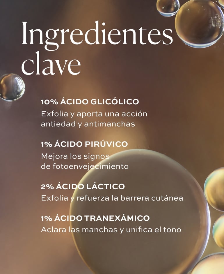 10% &Aacute;CIDO GLIC&Oacute;LICO Exfolia y aporta una acci&oacute;n antiedad y antimanchas  1% &Aacute;CIDO PIR&Uacute;VICO Mejora los signos de fotoenvejecimiento  2% &Aacute;CIDO L&Aacute;CTICO Exfolia y refuerza la barrera cut&aacute;nea  1% &Aacute;CIDO TRANEX&Aacute;MICO