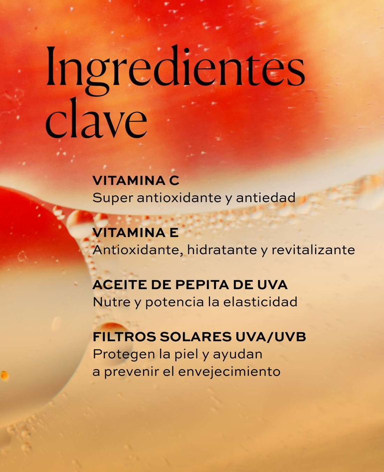 Vitamina C Super antioxidante y antiedad  Vitamina E Antioxidante, hidratante y revitalizante  Aceite de pepita de uva Nutre y potencia la elasticidad  Filtros solares UVA/UVB Protegen la piel y ayudan a prevenir el envejecimiento