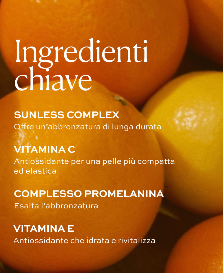 Sunless Complex Offre un&rsquo;abbronzatura di lunga durata  Vitamina C Antiossidante per una pelle pi&ugrave; compatta ed elastica  Complesso ProMelanina Esalta l&rsquo;abbronzatura  Vitamina E Antiossidante che idrata e rivitalizza