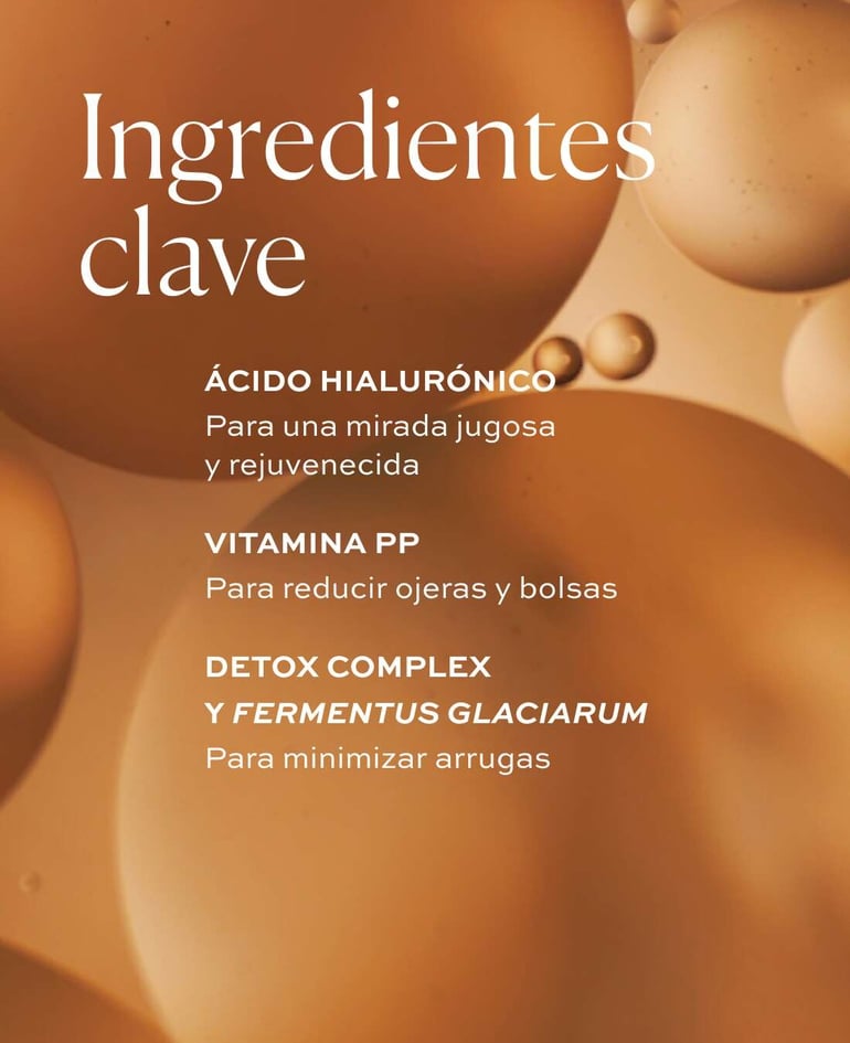 Ingredientes clave  Ácido hialurónico Para una mirada jugosa y rejuvenecida  Vitamina PP Para reducir ojeras y bolsas  Detox Complex y  Fermentus glaciarum Para minimizar arrugas