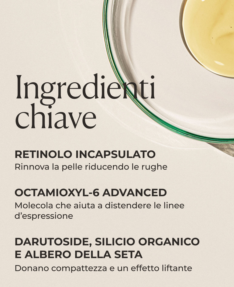 Retinolo incapsulato Rinnova la pelle riducendo le rughe  Octamioxyl-6 Advanced Molecola che aiuta a distendere le linee d&rsquo;espressione  Darutoside, silicio organico e albero della seta