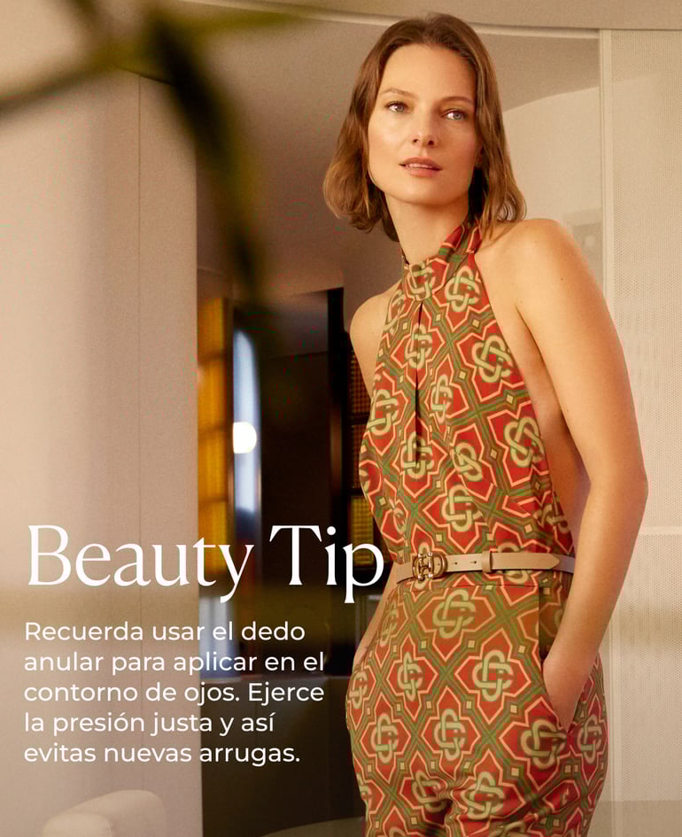 Beauty Tip Recuerda usar el dedo anular para aplicar en el contorno de ojos. Ejerce la presión justa y así evitas nuevas arrugas. 