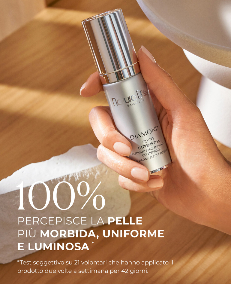 100% percepisce la pelle pi&ugrave; morbida, uniforme e luminosa  *Test soggettivo su 21 volontari che hanno applicato il prodotto due volte a settimana per 42 giorni.