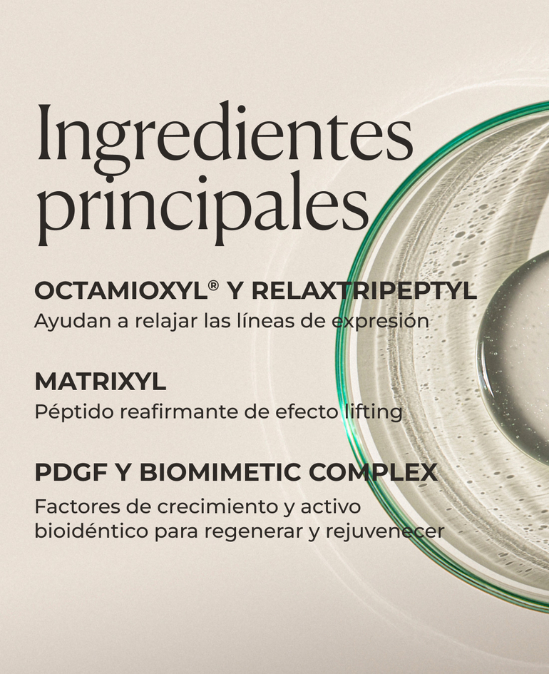 Octamioxyl® y RelaxTripeptyl Ayudan a relajar las líneas de expresión  Matrixyl Péptido reafirmante de efecto lifting  PDGF y BioMimetic Complex Factores de crecimiento y activo bioidéntico para regenerar y rejuvenecer  Dermafill Complex-III
