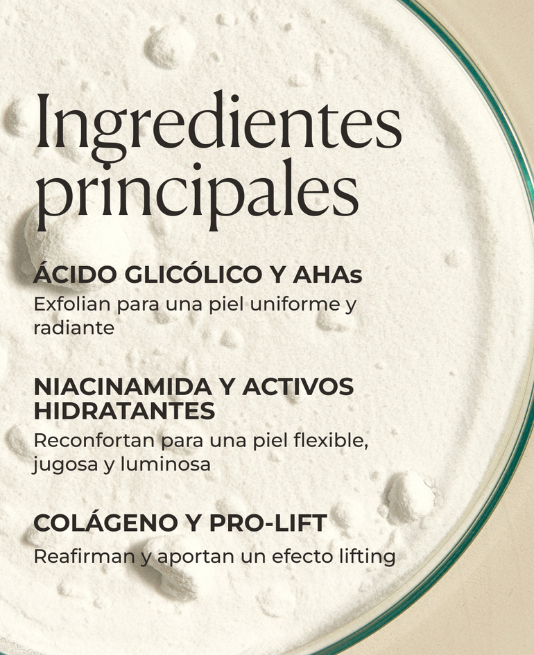 Ácido glicólico y otros AHAs Exfolian para una piel uniforme y radiante  Niacinamida y activos hidratantes Reconfortan para una piel flexible, jugosa y luminosa  Colágeno y Pro-Lift Reafirman y aportan un efecto lifting