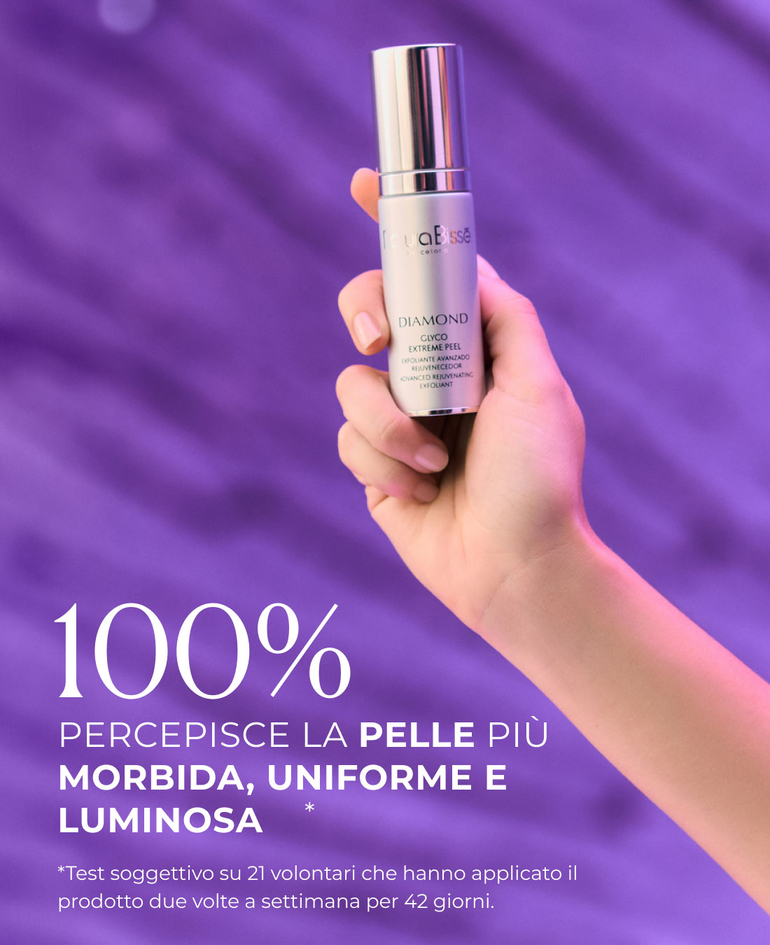 100% percepisce la pelle pi&ugrave; morbida, uniforme e luminosa  *Test soggettivo su 21 volontari che hanno applicato il prodotto due volte a settimana per 42 giorni.