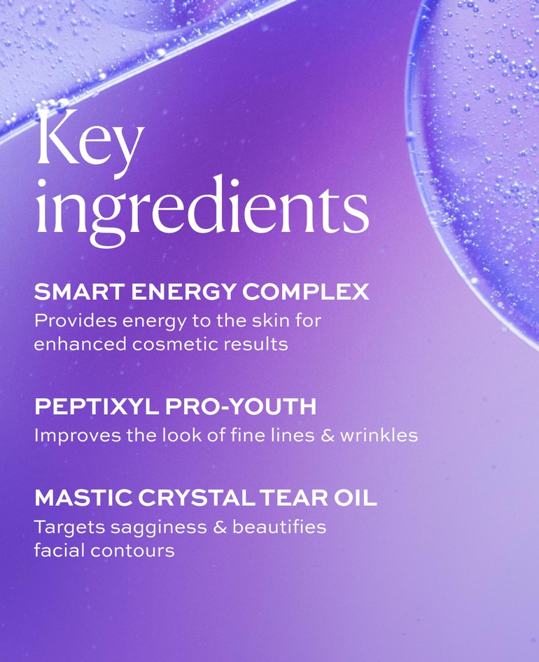 Key ingredients  Smart Energy Complex Provides energy to the skin for enhanced cosmetic results  Peptixyl ProYouth Improves the look of fine lines & wrinkles  Mastic Crystal Tear Oil Targets sagginess & beautifies facial contours