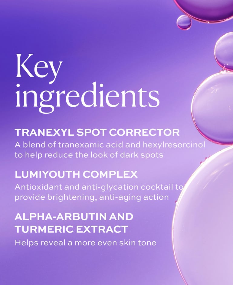 Tranexyl Spot Corrector A blend of tranexamic acid and hexylresorcinol to help reduce the look of dark spots  Lumiyouth Complex Antioxidant and anti-glycation cocktail to provide brightening, anti-aging action  Alpha-arbutin and turmeric extract Helps reveal a more even skin tone
